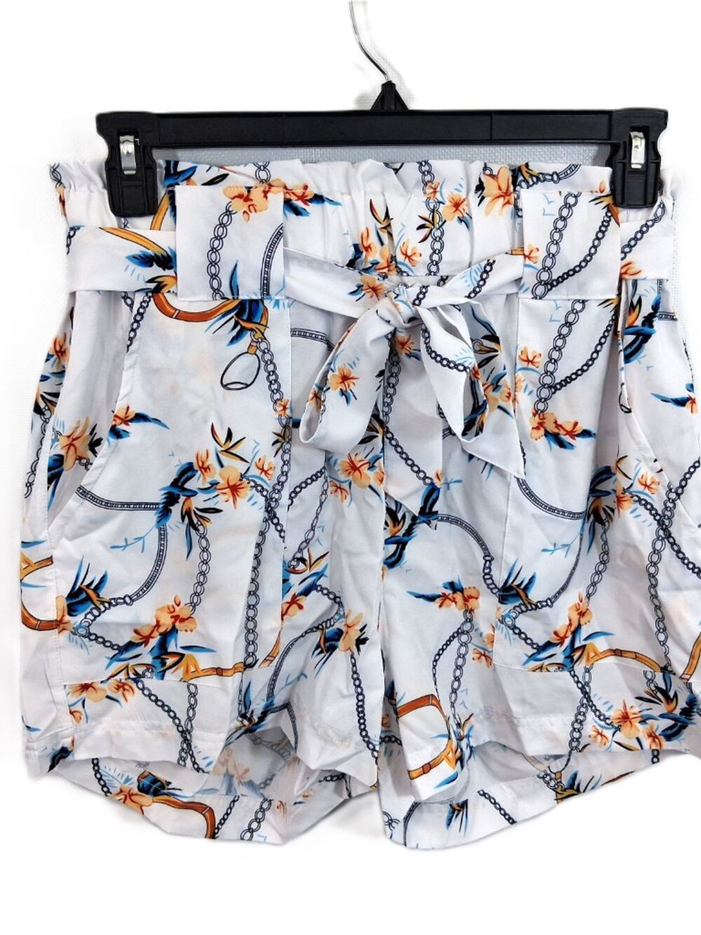 High Rise Paperbag Shorts White Floral Women Size XL